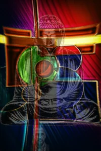 Abstract digitaal kunstwerk met geometrische vormen over een Buddha-lijntje en man met bril onderaan.
