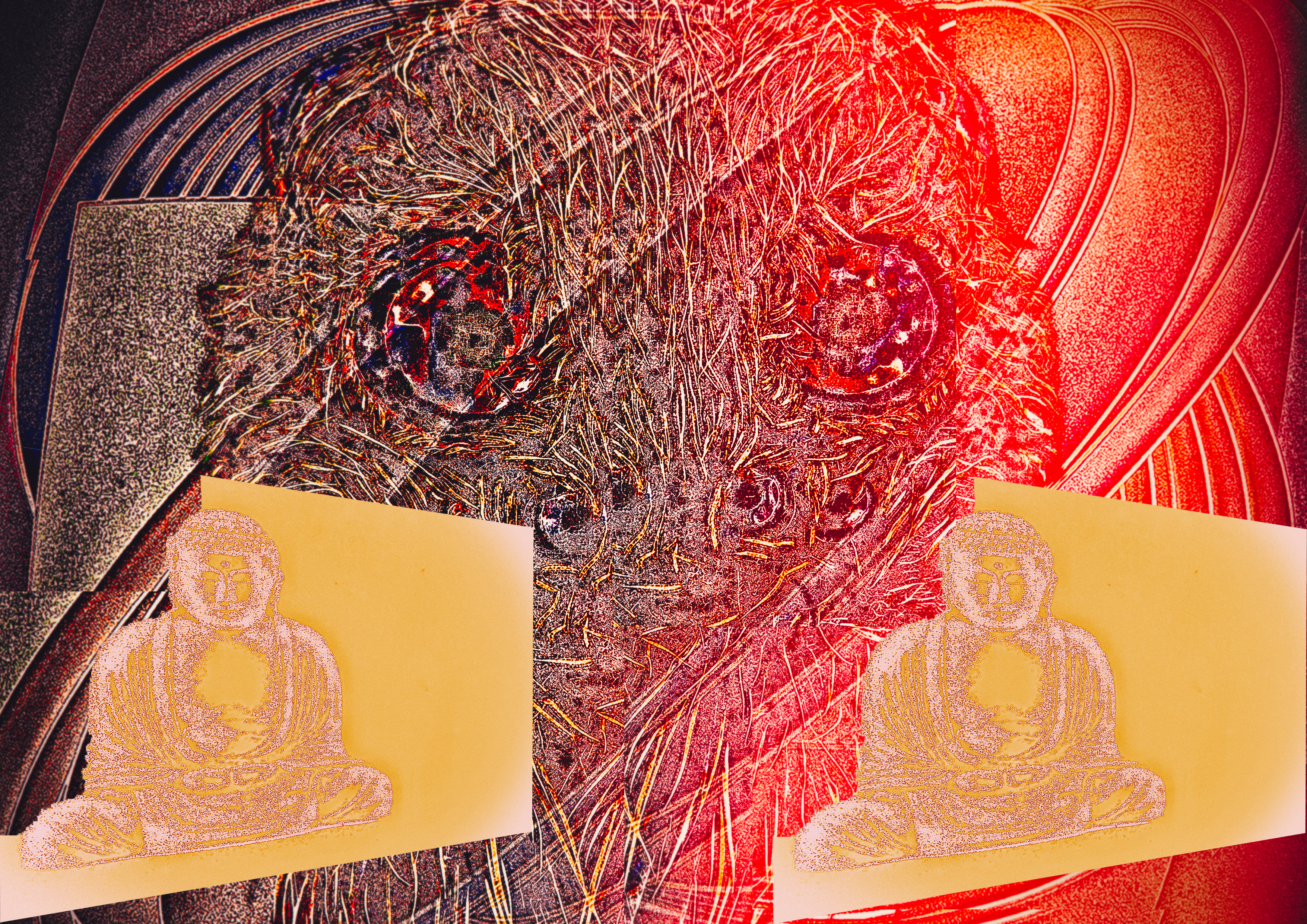 Digitale kunst met hondengezicht en twee boeddhabeelden tegen rode achtergrond.