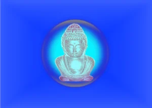 Boeddha-beeldje met gesloten ogen en blauwe gloed tegen effen blauwe achtergrond.