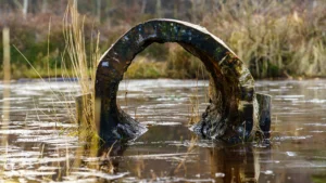 Gehollowde kromme boomstam in water met riet en waterplanten in moeraslandschap.