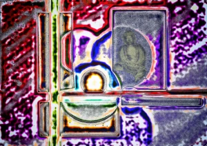 Abstracte kleurrijke afbeelding met geometrische patronen en een zittende Boeddha rechtsboven.